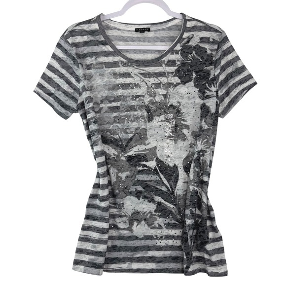 Hannah Tops - Hannah Womens Gray Striped Floral Burnout Rhinestone Short Sleeve Top Size L